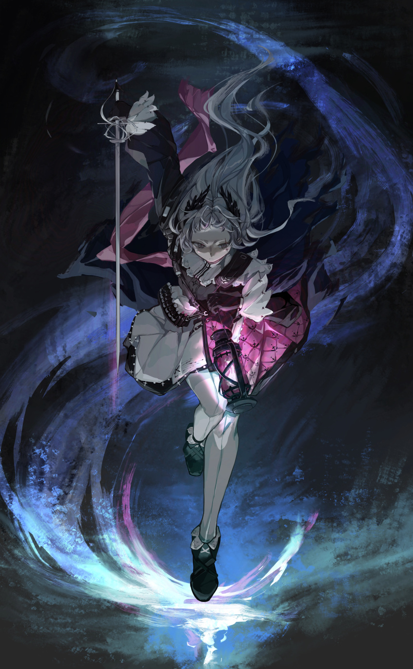 1girl, absurdres, ammunition_belt, arknights, arm_up, black_footwear, black_gloves, black_shirt
