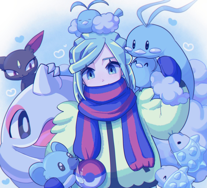 1boy, altaria, aqua_eyes, aqua_hair, bird, blue_mittens, cetoddle, closed_mouth