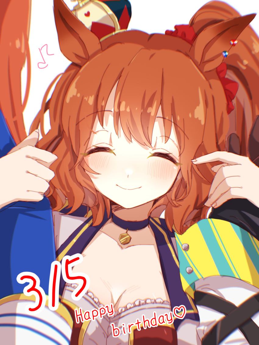 3girls, animal_ears, aston_machan_(umamusume), bangs, black_jacket, blue_jacket, choker, closed_eyes, closed_mouth, crown, daiwa_scarlet_(umamusume), fingernails, frills, happy_birthday, hide_oo, highres, horse_ears, horse_girl, jacket, long_hair, long_sleeves, multiple_girls, musical_note, orange_hair, purple_choker, simple_background, smile, umamusume, upper_body, vodka_(umamusume), white_background