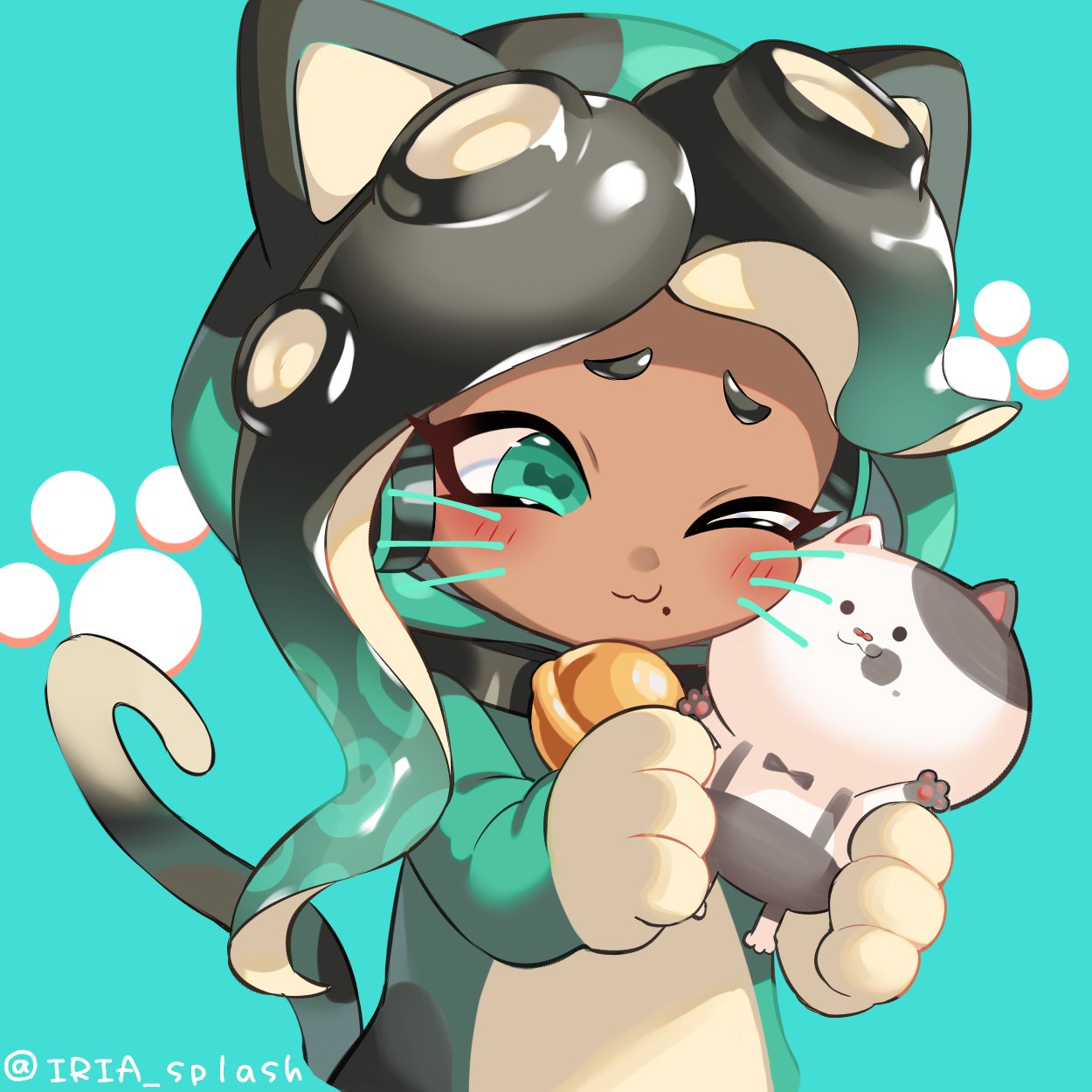 1girl, :3, animal_costume, animal_ears, animal_hands, animal_hood, aqua_background, aqua_eyes