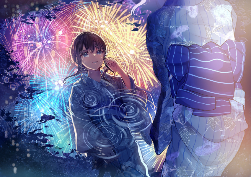 1girl, bangs, blue_eyes, blue_kimono, brown_hair, commentary_request, crying, crying_with_eyes_open
