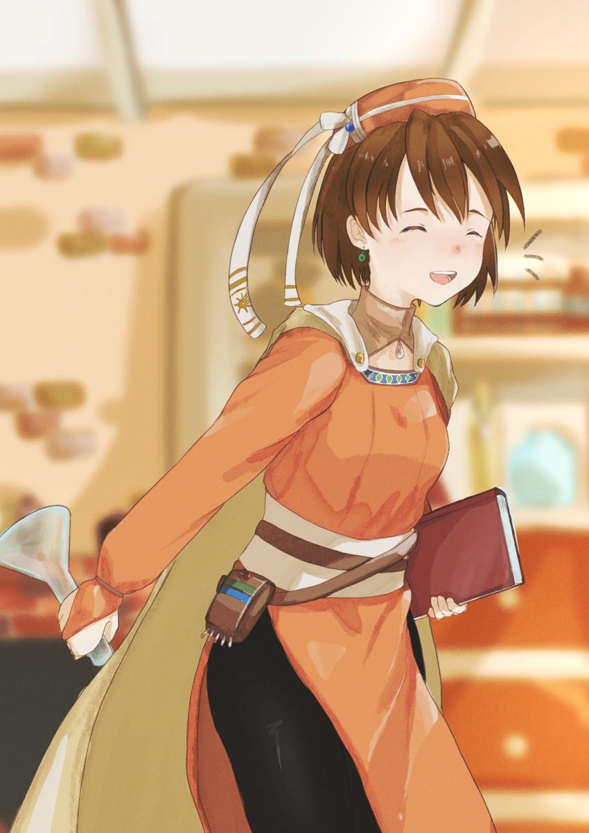 1girl, :d, atelier_(series), atelier_elie, beaker, black_pantyhose, blurry, blurry_background