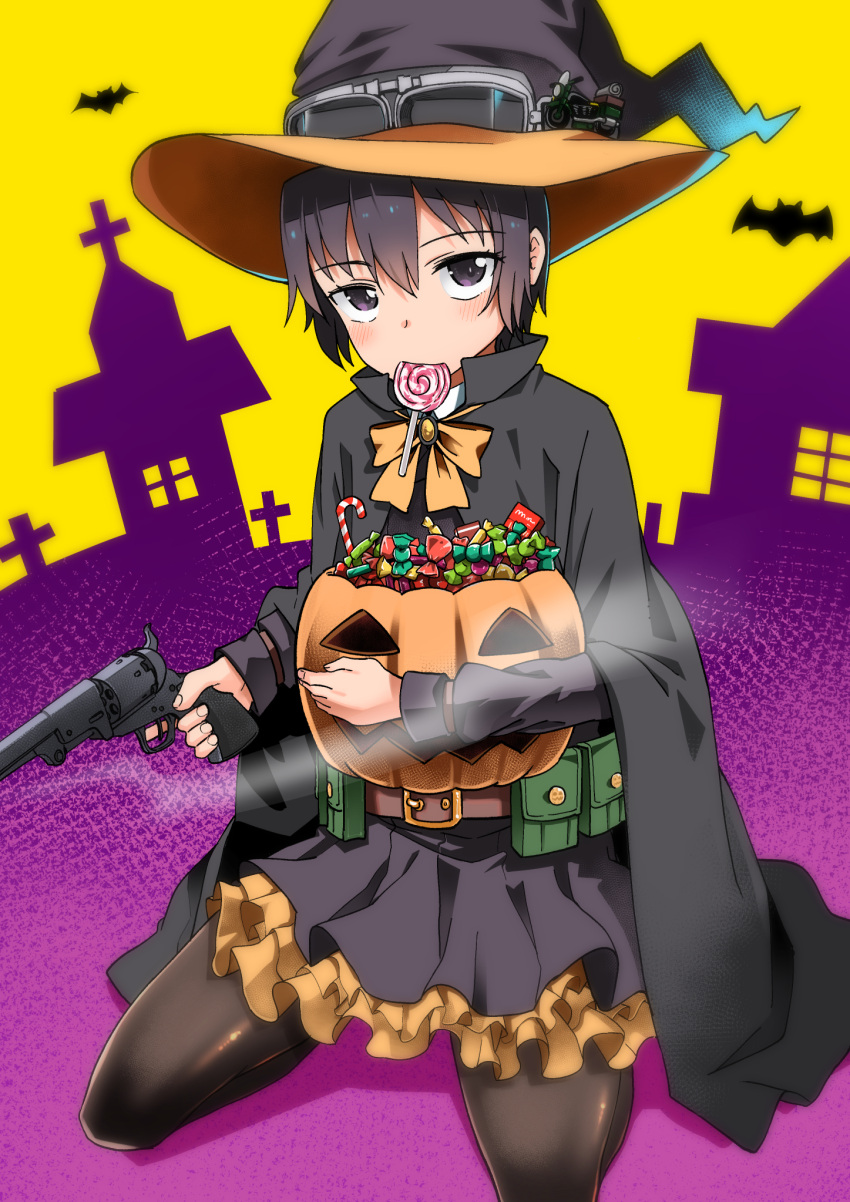 belt, belt_pouch, black_eyes, black_hair, candy, cape, colt_1851_navy, food
