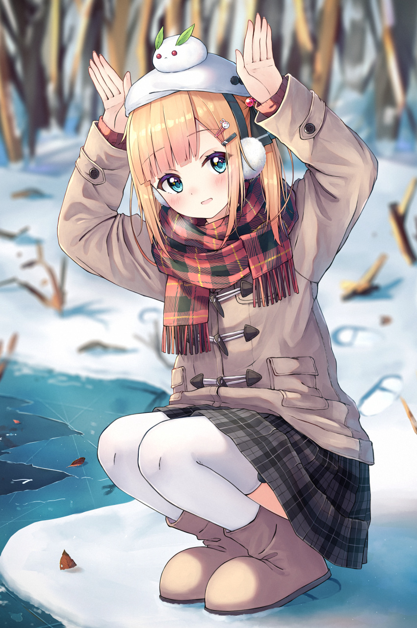 1girl, arms_up, beret, blonde_hair, blue_eyes, blurry, blurry_background, blush