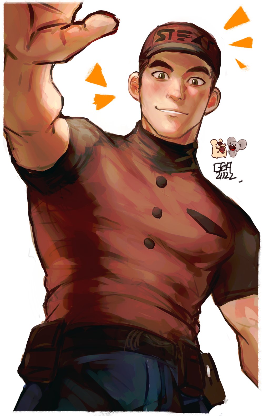 1boy, belt, belt_bag, blush, brown_hair, courier_(pokemon), denim, green_eyes, greenteaa, hat, highres, jeans, looking_at_viewer, looking_down, male_focus, manly, mature_male, muscular, muscular_male, pants, pokemon, pokemon_(game), pokemon_sv, shirt, short_hair, signature, simple_background, smile, solo, teeth, tight, upper_body, white_background