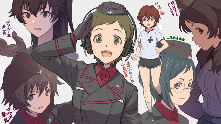 6+girls, :d, akaboshi_koume, bangs, black_gloves, black_hair, black_headwear, black_jacket