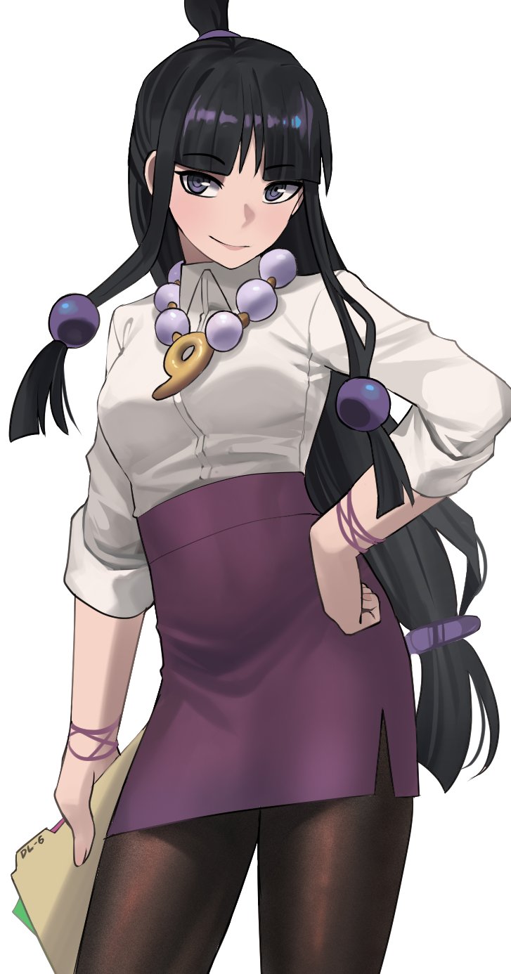 1girl, ace_attorney, bangs, beads, black_hair, blunt_bangs, brown_pantyhose, closed_mouth