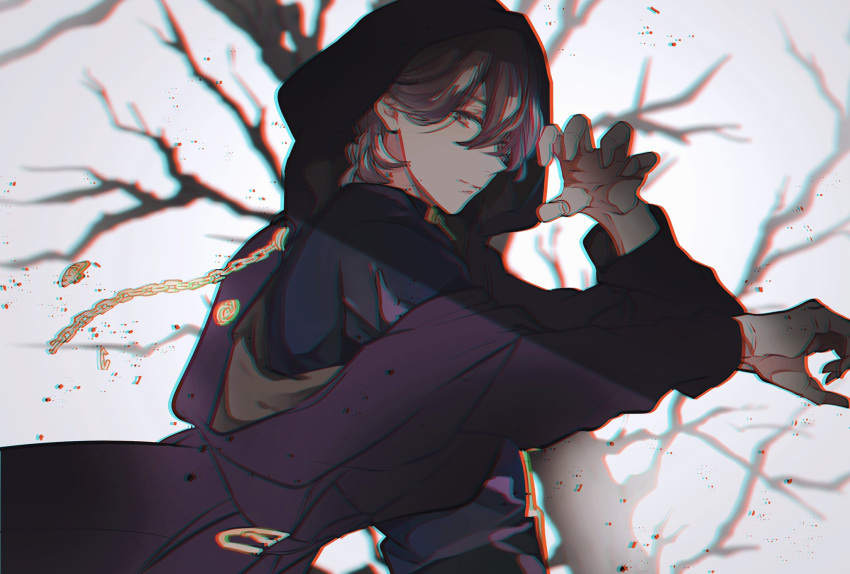 1boy, bare_tree, black_shirt, brown_hair, chain, chromatic_aberration, claw_pose, closed_mouth