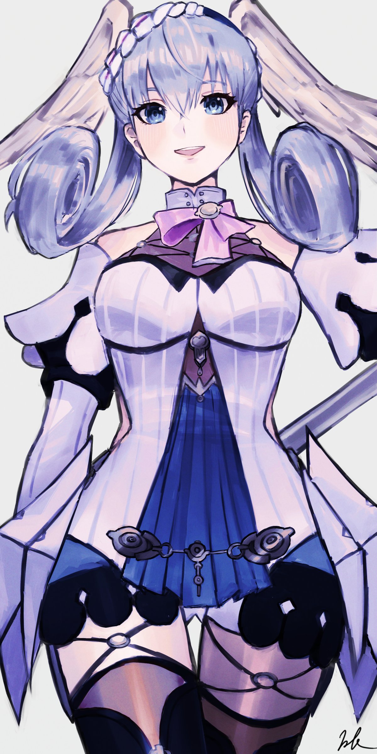 1girl, absurdres, blue_eyes, braid, breasts, crown_braid, curly_hair, hat, head_wings, highres, juliet_sleeves, kyosuke1413koba, long_hair, long_sleeves, looking_at_viewer, magic, medium_breasts, melia_antiqua, o-ring, puffy_sleeves, simple_background, solo, staff, thigh-highs, twintails, upper_body, xenoblade_chronicles:_future_connected, xenoblade_chronicles_(series), xenoblade_chronicles_1