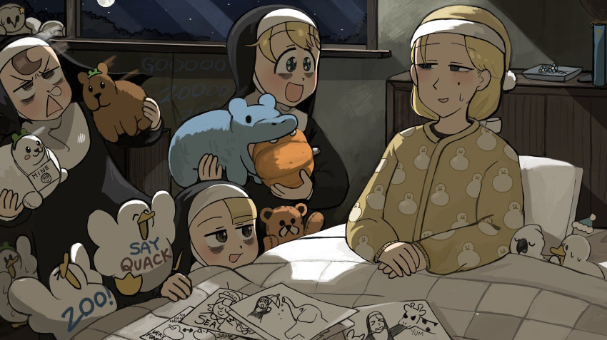 4girls, :d, bags_under_eyes, bed, bird, blonde_hair, blue_eyes, body_writing