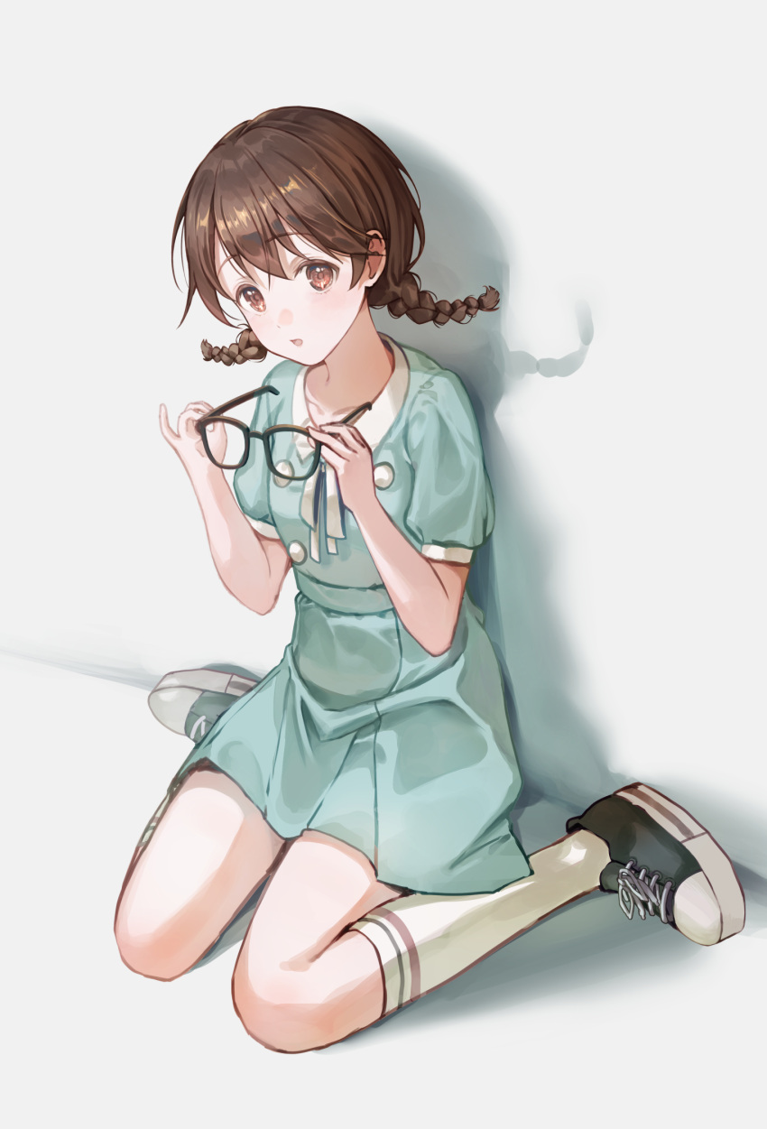 1girl, bangs, black-framed_eyewear, black_footwear, blue_dress, braid, brown_eyes, brown_hair