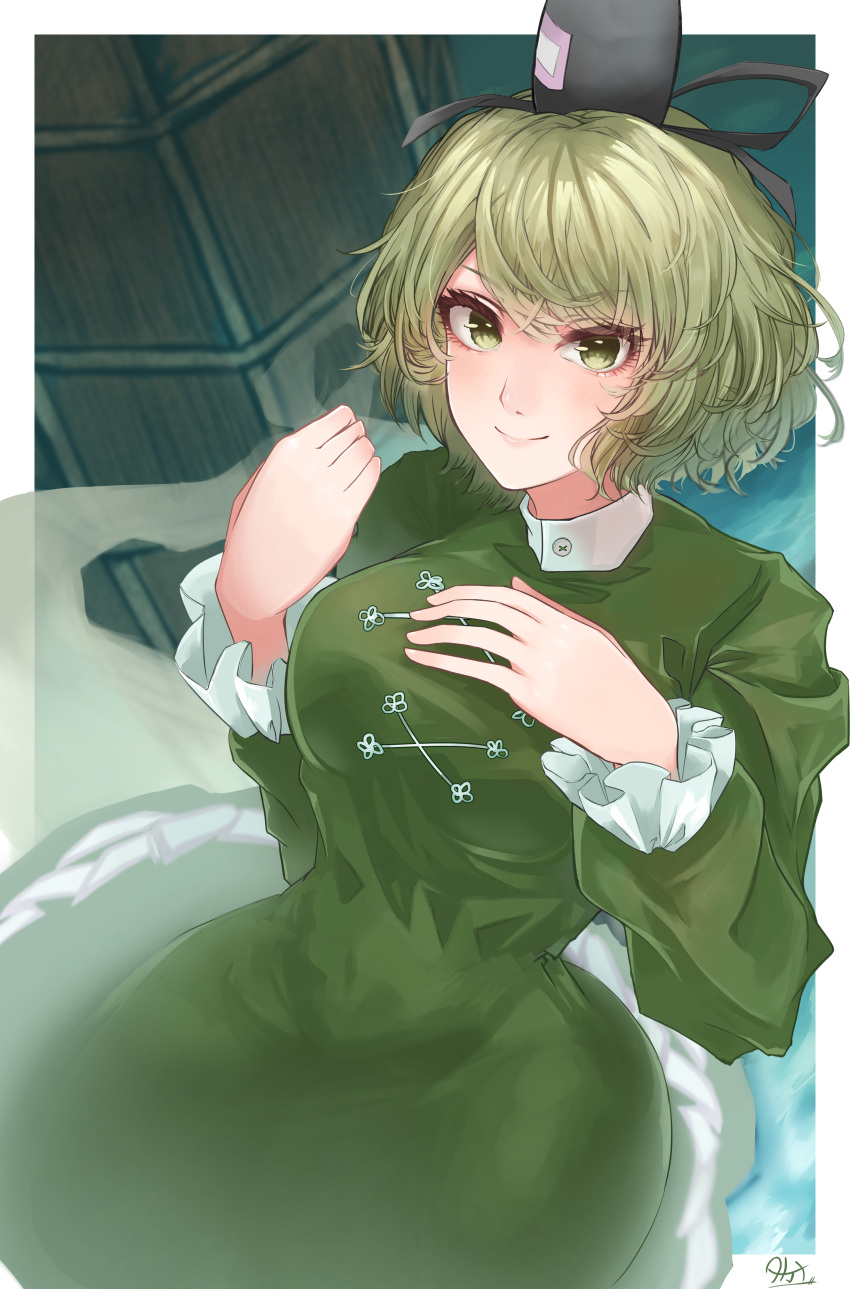 1girl, absurdres, bangs, black_headwear, breasts, closed_mouth, cross-laced_clothes, green_eyes, green_hair, hat, highres, large_breasts, long_sleeves, looking_at_viewer, ofuda, ofuda_on_clothes, outside_border, short_hair, signature, smile, soga_no_tojiko, solo, takana_(forsterite), tate_eboshi, touhou