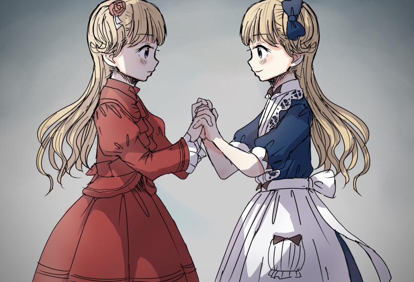2girls, apron, blonde_hair, blue_bow, blue_dress, blue_eyes, blush, bow