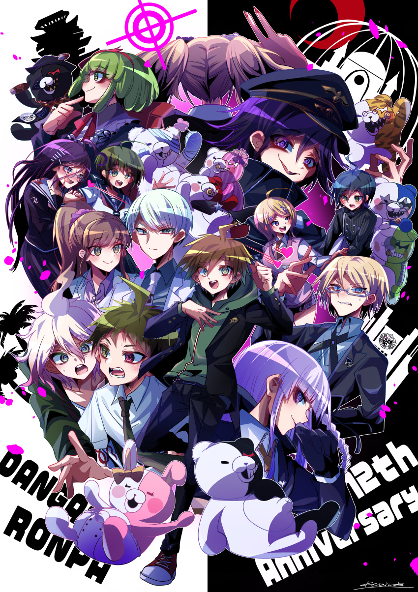 6+boys, 6+girls, :d, :o, absurdres, ahoge, akamatsu_kaede, anniversary