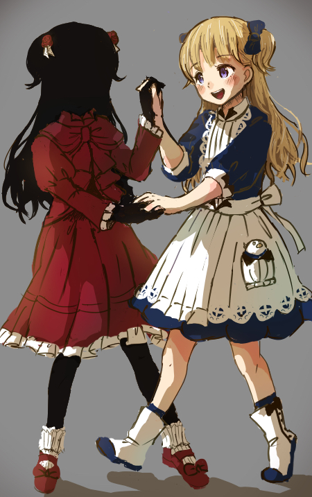 2girls, apron, blonde_hair, blue_bow, blue_dress, blue_eyes, boots, bow