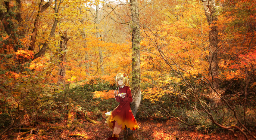 1girl, absurdres, aki_shizuha, autumn, blonde_hair, blush, brown_footwear, buttons