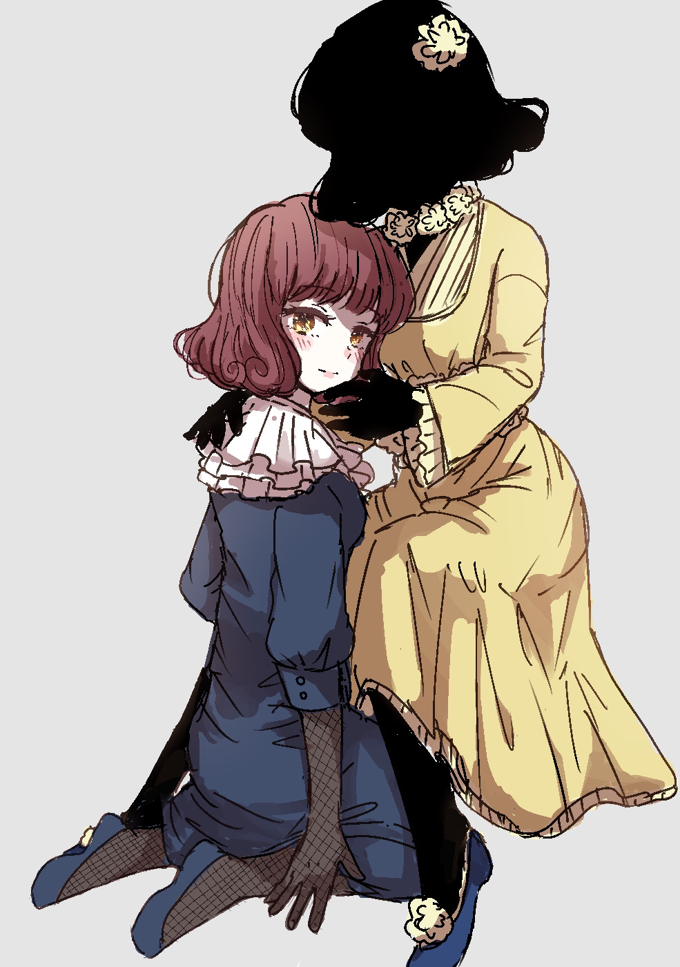 2girls, between_legs, blue_dress, blue_footwear, center_frills, chuchi, closed_mouth, commentary