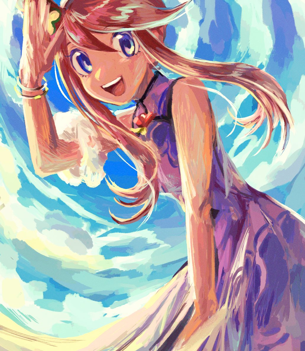 1girl, :d, bare_shoulders, blue_eyes, blue_sky, bracelet, china_dress, chinese_clothes