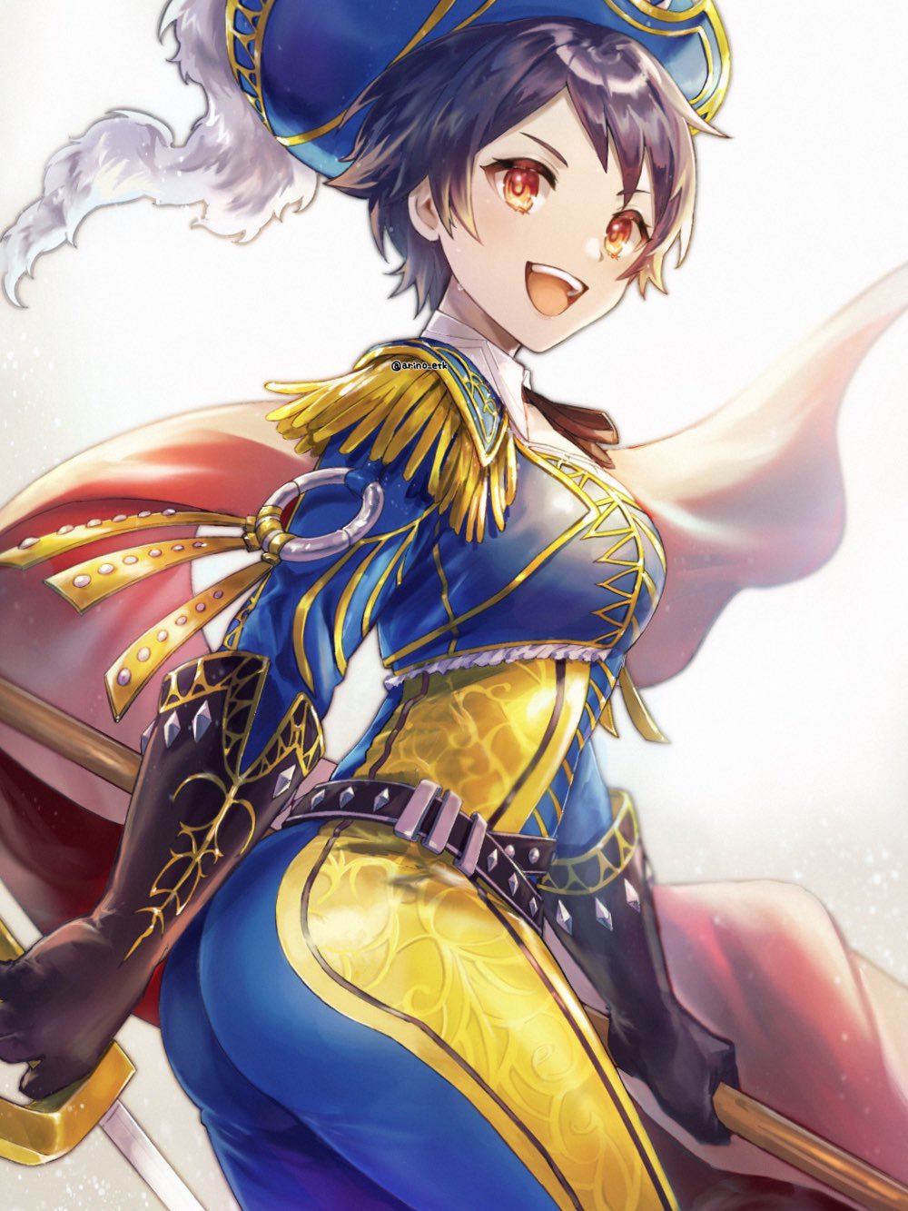1girl, :d, arino_etk, artist_name, ass, bangs, belt, bicorne, black_belt, black_gloves, black_hair, black_ribbon, blue_headwear, blue_pants, breasts, brown_background, bullfighting, commentary, cowboy_shot, detached_collar, elbow_gloves, epaulettes, feathers, floating, frilled_jacket, frills, from_side, gloves, gradient, gradient_background, hat, hat_feather, highres, holding, holding_sword, holding_weapon, jacket, looking_at_viewer, looking_to_the_side, medium_breasts, megido72, muleta, multicolored_clothes, multicolored_jacket, neck_ribbon, open_mouth, orange_eyes, pants, ribbon, short_hair, smile, solo, standing, sword, teeth, tight, tight_pants, tomboy, twisted_torso, twitter_username, two-tone_jacket, two-tone_pants, upper_teeth, v-shaped_eyebrows, weapon, white_background, white_feathers, yellow_jacket, yellow_pants, zagan_(megido72)