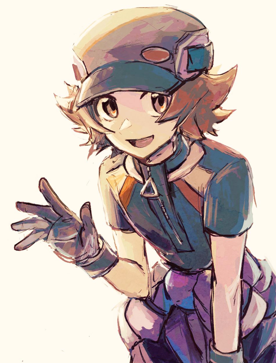 1boy, :d, brown_hair, flipped_hair, gloves, hand_up, hat, highres