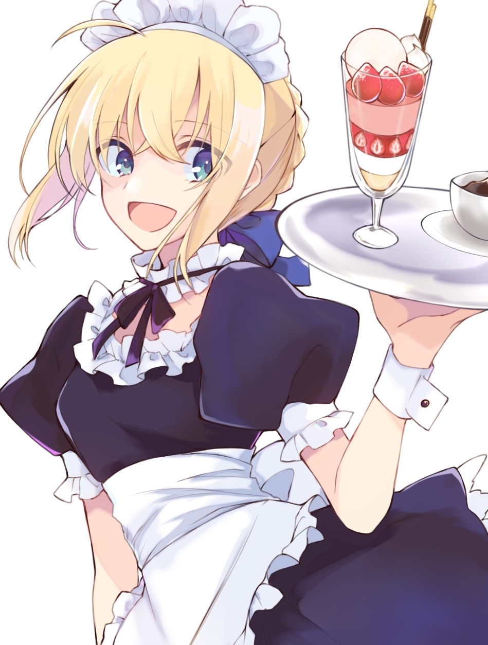 1girl, :d, ahoge, apron, artoria_pendragon_(fate), bangs, black_bow, black_bowtie