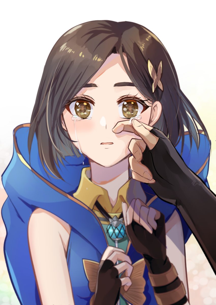 1girl, bangs, black_gloves, brown_eyes, brown_hair, butterfly_hair_ornament, collared_shirt, crying