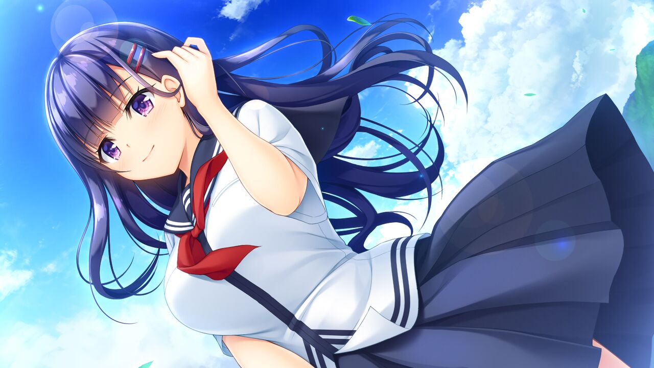 1girl, adjusting_hair, asami_asami, black_sailor_collar, blue_hair, blue_skirt, blue_sky, closed_mouth, clouds, collared_shirt, day, dress_shirt, dutch_angle, floating_hair, fujisaki_haruka, game_cg, hair_ornament, hairclip, lens_flare, long_hair, miniskirt, natural_vacation, neckerchief, outdoors, pleated_skirt, red_neckerchief, sailor_collar, sailor_shirt, school_uniform, serafuku, shiny, shiny_hair, shirt, short_sleeves, skirt, sky, smile, solo, standing, very_long_hair, violet_eyes, white_shirt