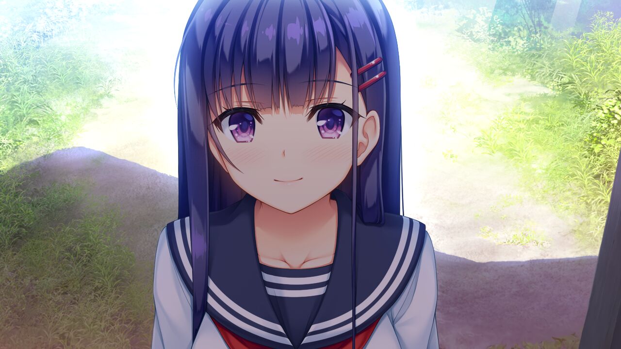 1girl, asami_asami, bangs, black_sailor_collar, blue_hair, blunt_bangs, closed_mouth, collarbone, collared_shirt, day, fujisaki_haruka, game_cg, hair_ornament, hairclip, long_hair, looking_at_viewer, natural_vacation, neckerchief, outdoors, red_neckerchief, sailor_collar, sailor_shirt, school_uniform, serafuku, shiny, shiny_hair, shirt, smile, solo, upper_body, violet_eyes, white_shirt