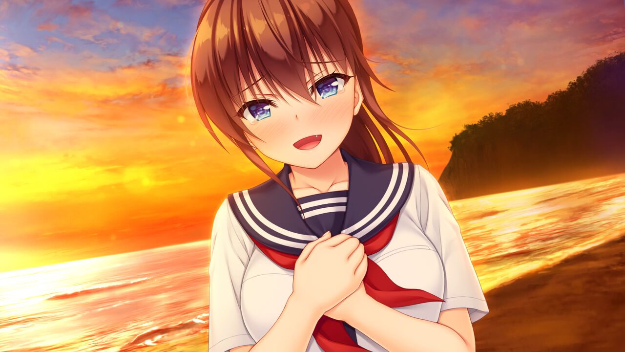 1girl, :d, asami_asami, beach, black_sailor_collar, blue_eyes, blush, brown_hair, cliff, collared_shirt, dusk, fang, game_cg, hair_between_eyes, hands_on_own_chest, long_hair, looking_at_viewer, natural_vacation, neckerchief, ocean, outdoors, ponytail, red_neckerchief, sailor_collar, sailor_shirt, sarashina_yuzuki, school_uniform, serafuku, shiny, shiny_hair, shirt, short_sleeves, smile, solo, tears, upper_body, white_shirt