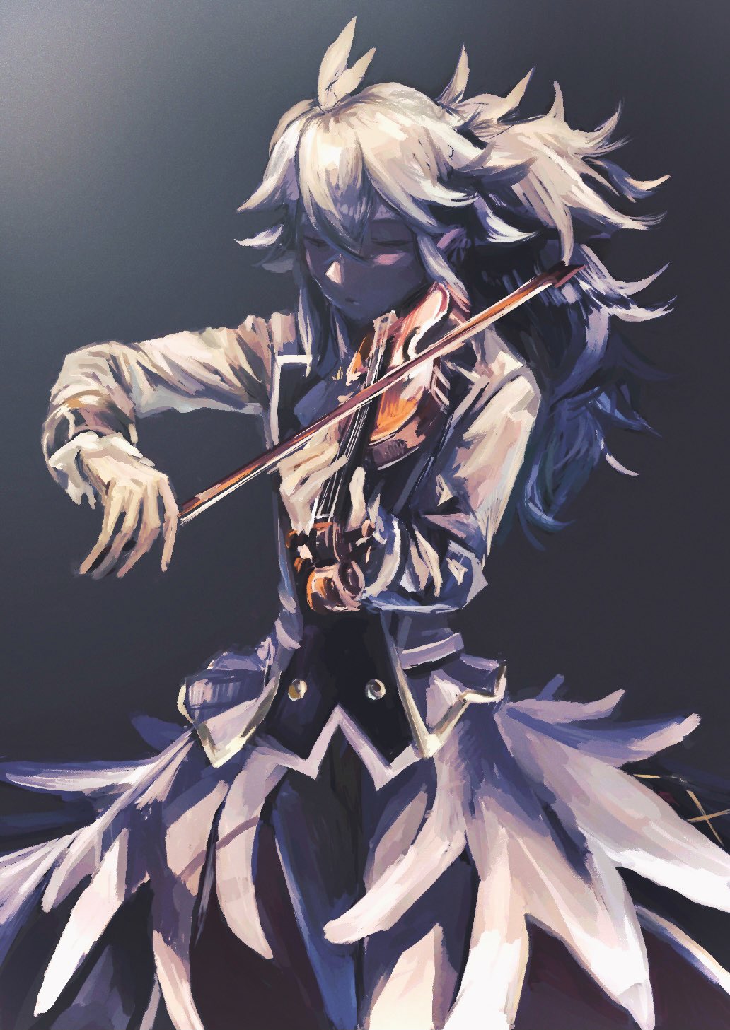 1boy, antenna_hair, ascot, bangs, bow_(music), buttons, closed_eyes, closed_mouth