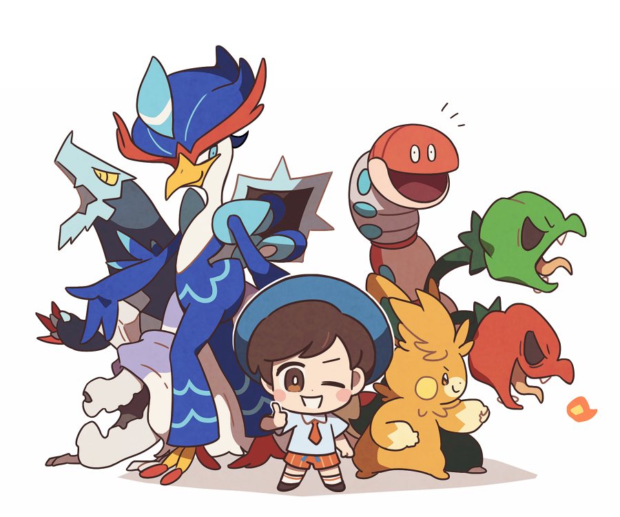 1boy, baxcalibur, florian_(pokemon), houndstone, non-web_source, orthworm, pawmot, pokemon