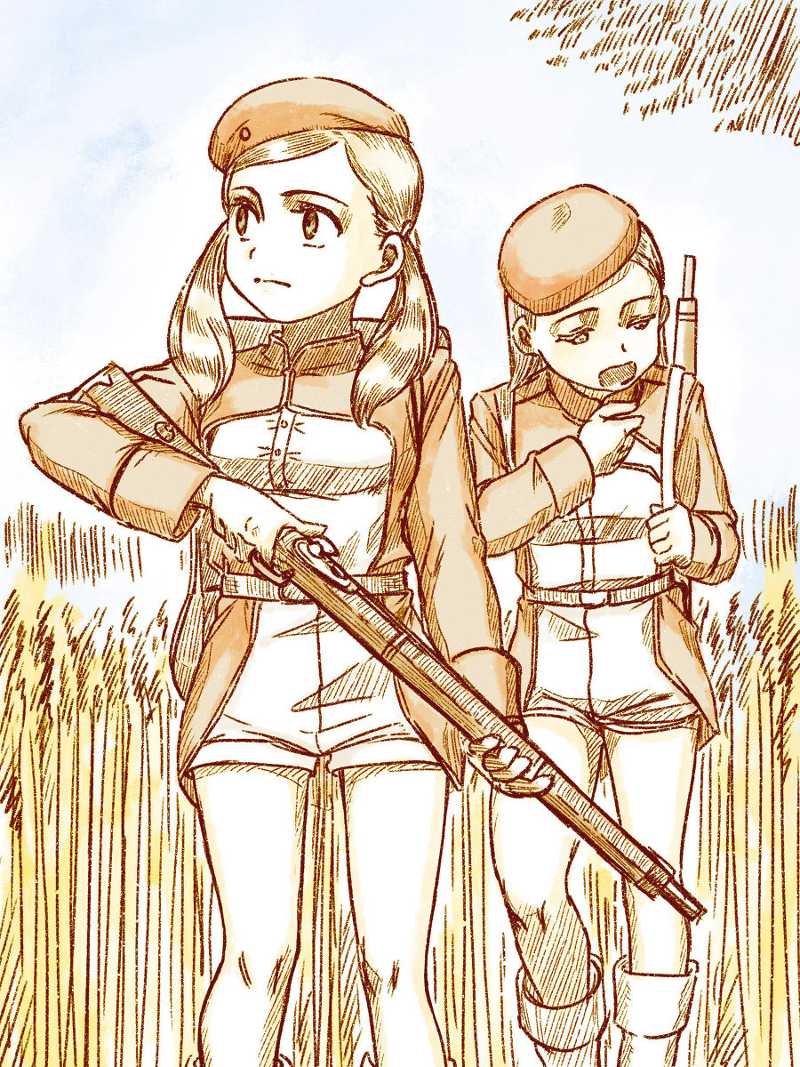 2girls, beret, gun, holding_gun, holding_weapon, kageng, long_sleeves, military