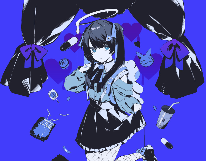 0mot, 1girl, absurdres, ado_(singer), black_hair, black_skirt, blue_background, blue_eyes