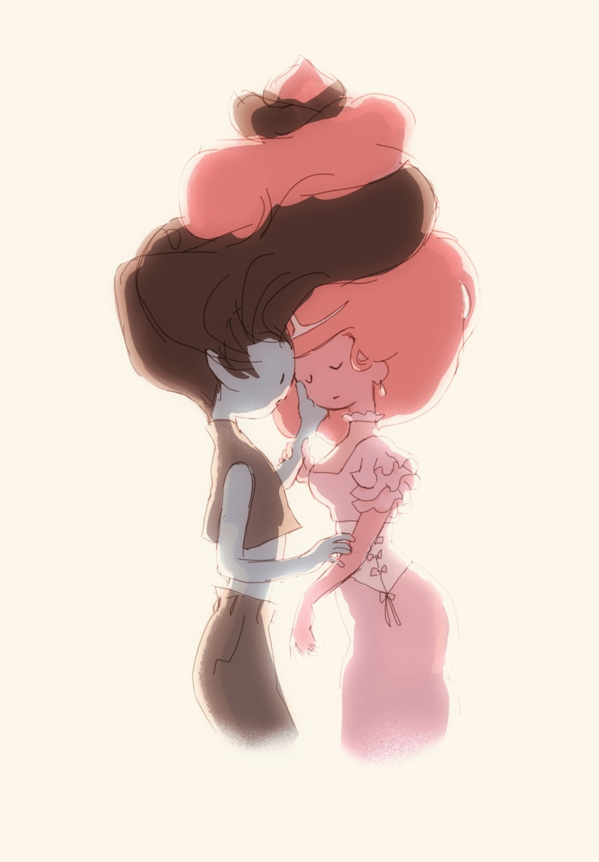 2girls, adventure_time, black_hair, colored_skin, grey_skin, highres, long_hair, marceline_abadeer, multiple_girls, natasha_allegri, pink_hair, pink_skin, pointy_ears, princess_bonnibel_bubblegum, simple_background, vampire, white_background, yuri