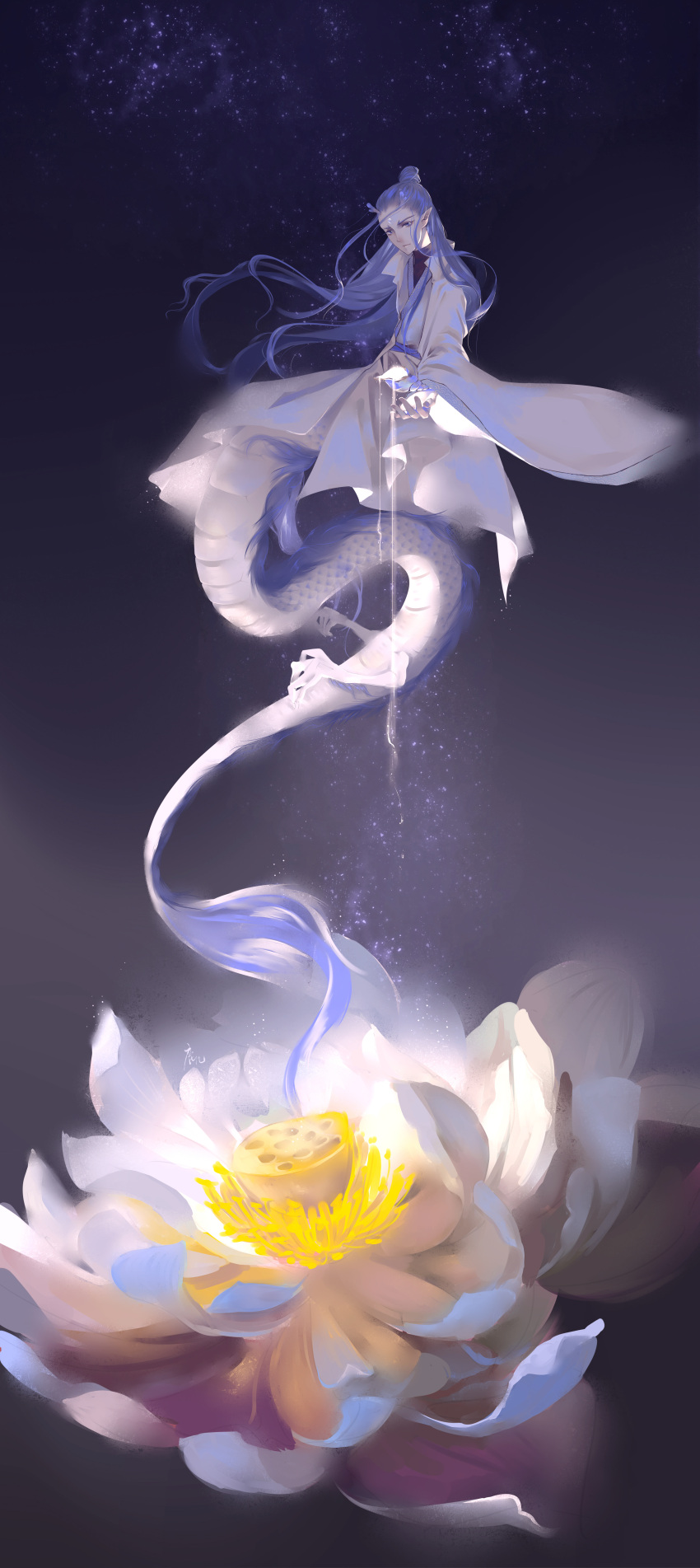 1boy, absurdres, antlers, ao_bing, blue_eyes, blue_hair, chinese_clothes, chinese_commentary