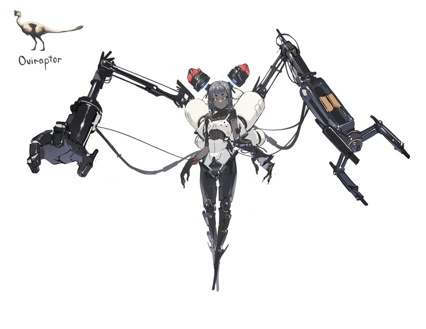 1girl, asymmetrical_arms, black_sclera, cable, colored_sclera, colored_skin, cyborg, dino_(dinoartforame), english_commentary, extra_arms, full_body, grey_hair, grey_skin, highres, looking_at_viewer, mechanical_arms, no_feet, original, oversized_forearms, oversized_limbs, oviraptor, personification, pointy_ears, reference_inset, slit_pupils, smile, solo, white_background, yellow_eyes