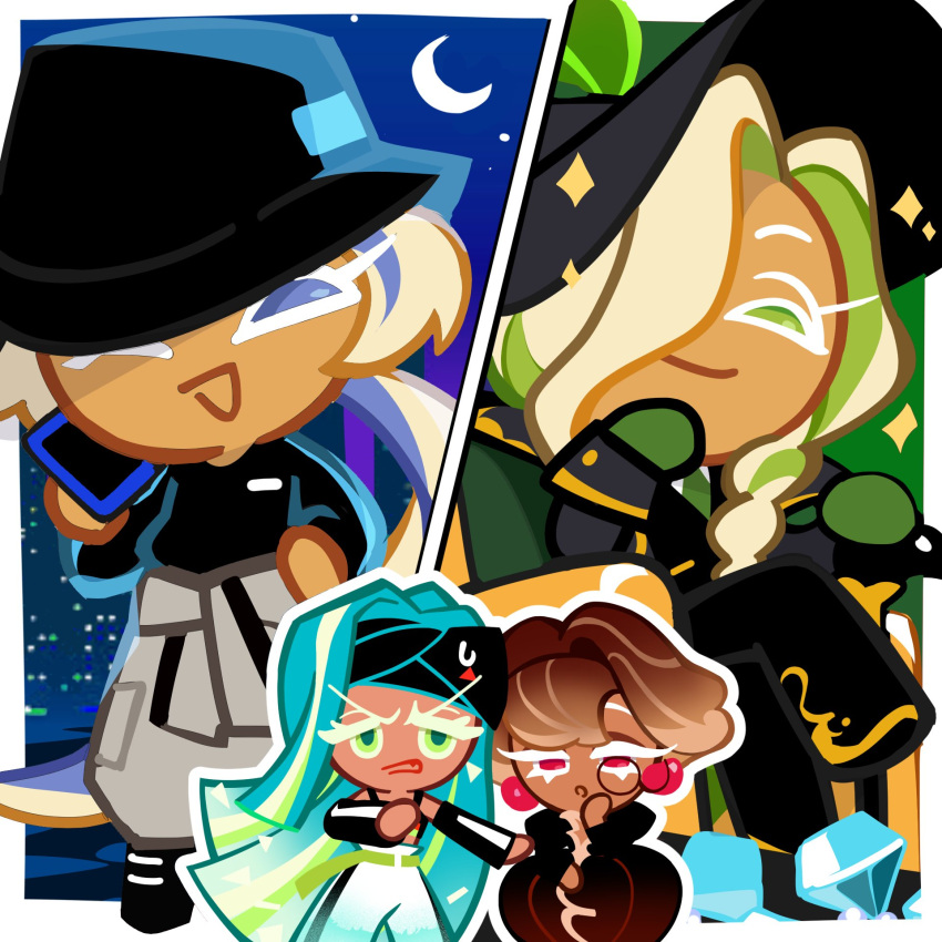1boy, 2girls, anger_expression, blue_eyes, chocolate_bonbon_cookie, clothes, cookie_run, cookie_run_kingdom, green_eyes, happy_expression, pink_eyes, rougefort_cookie, sour_belt_cookie, tagme