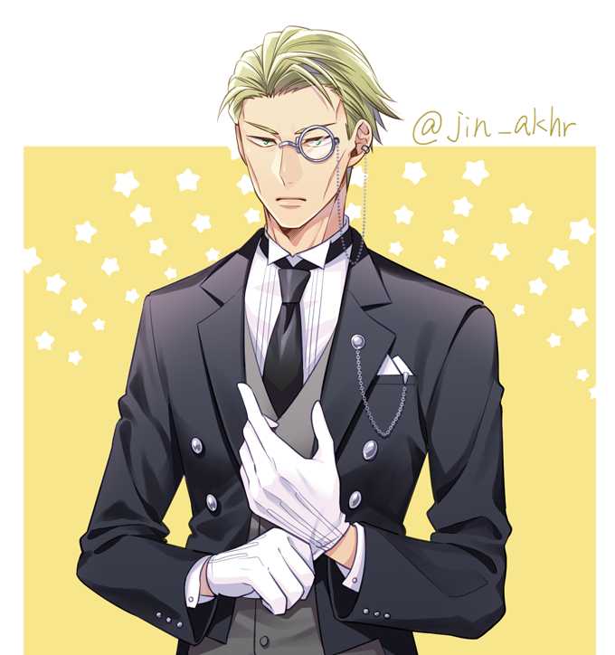 1boy, adjusting_clothes, adjusting_gloves, black_necktie, black_suit, blonde_hair, brown_eyes, formal, gloves, grey_vest, jin_akhr, jujutsu_kaisen, long_sleeves, looking_at_viewer, male_focus, monocle, nanami_kento, necktie, short_hair, sitting, solo, standing, suit, twitter_username, two-sided_tailcoat, upper_body, vest
