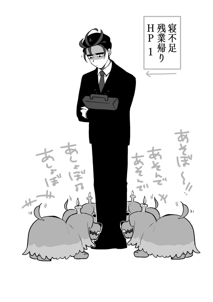 1boy, black_jacket, black_pants, briefcase, business_suit, candle, dog, formal, full_body, greavard, highres, jacket, kikakuyou666, larry_(pokemon), multicolored_hair, necktie, pants, pokemon, pokemon_(creature), pokemon_(game), pokemon_sv, salaryman, simple_background, streaked_hair, suit, thick_eyebrows, white_background