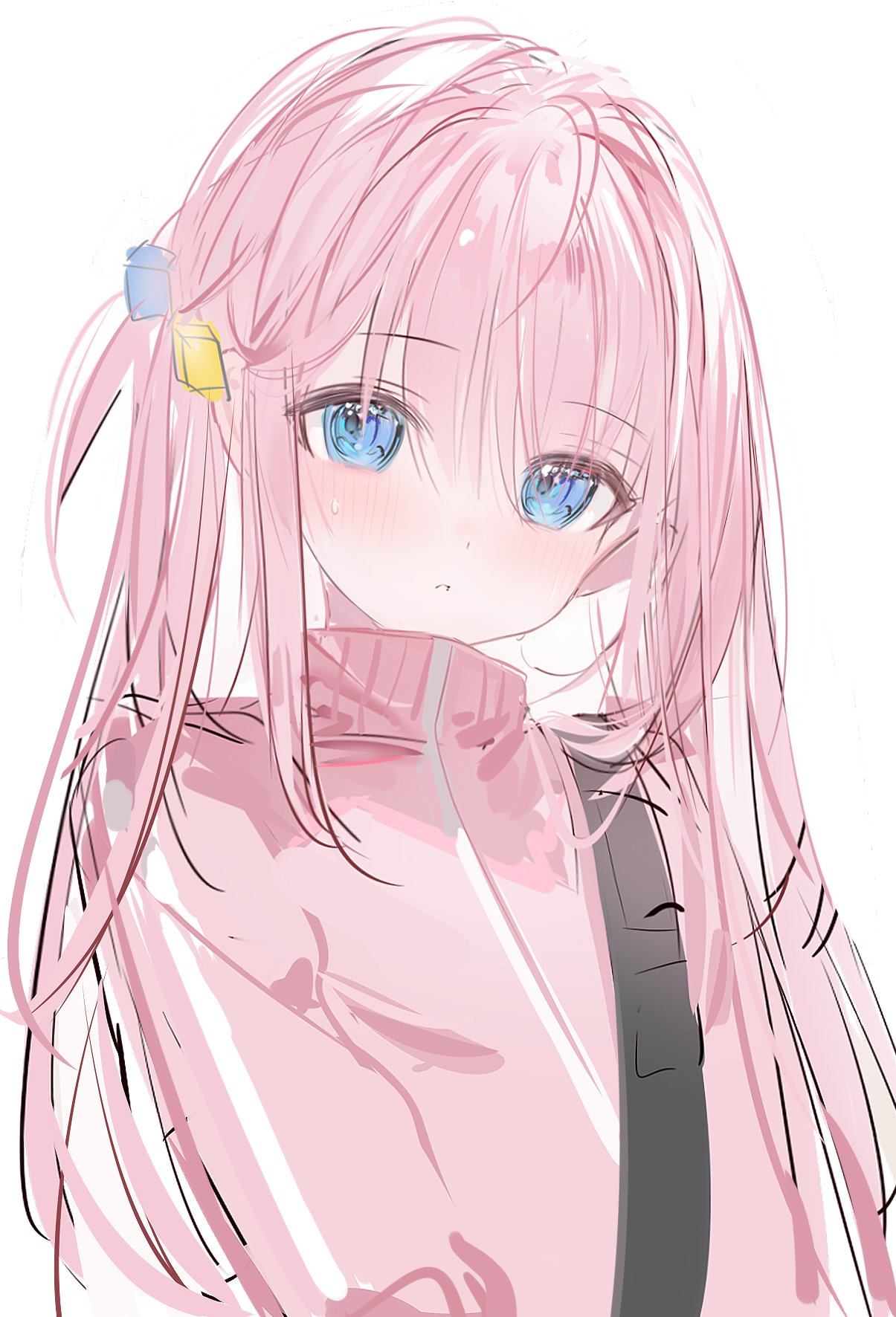1girl, 2833osi, bangs, blue_eyes, blush, bocchi_the_rock!, cube_hair_ornament, gotou_hitori, hair_between_eyes, hair_ornament, highres, jacket, long_hair, looking_at_viewer, one_side_up, pink_hair, pink_jacket, simple_background, solo, sweatdrop, track_jacket, upper_body, white_background