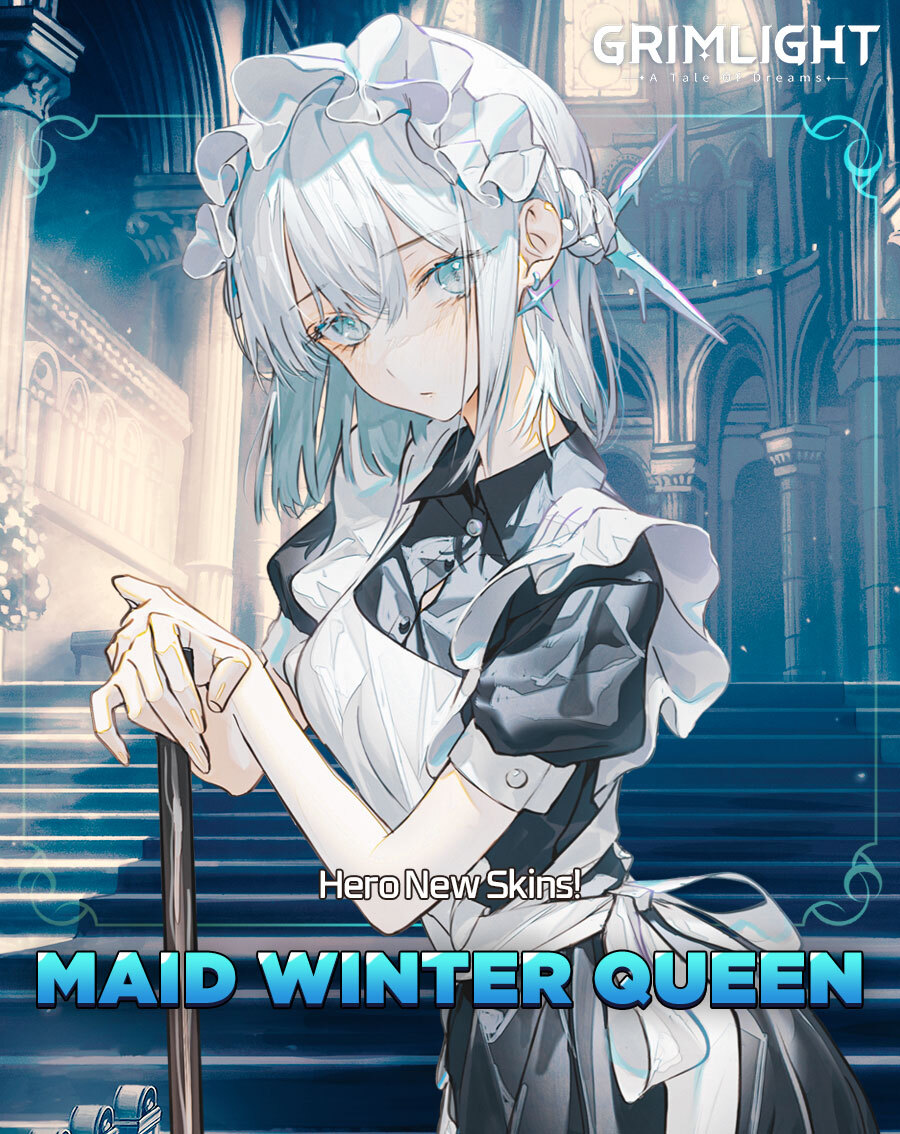 1girl, alternate_costume, apron, bangs, blue_eyes, braid, broom, collar, earrings, english_commentary, enmaided, french_braid, frills, grimlight, jewelry, looking_at_viewer, maid, maid_apron, maid_headdress, official_art, puffy_sleeves, short_hair, short_sleeves, solo, white_apron, white_hair, winter_queen_(grimlight)