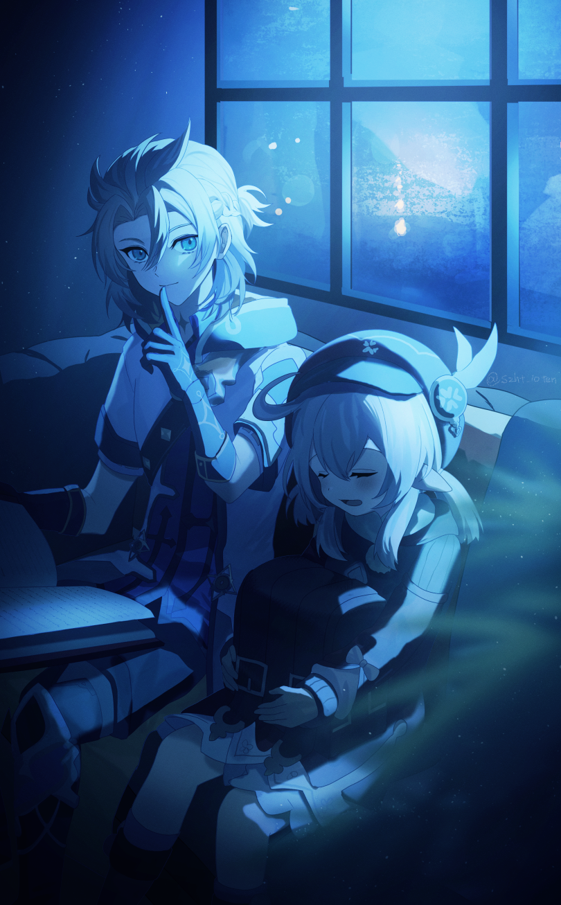 1boy, 1girl, :d, ahoge, albedo_(genshin_impact), backpack, bag, bag_removed