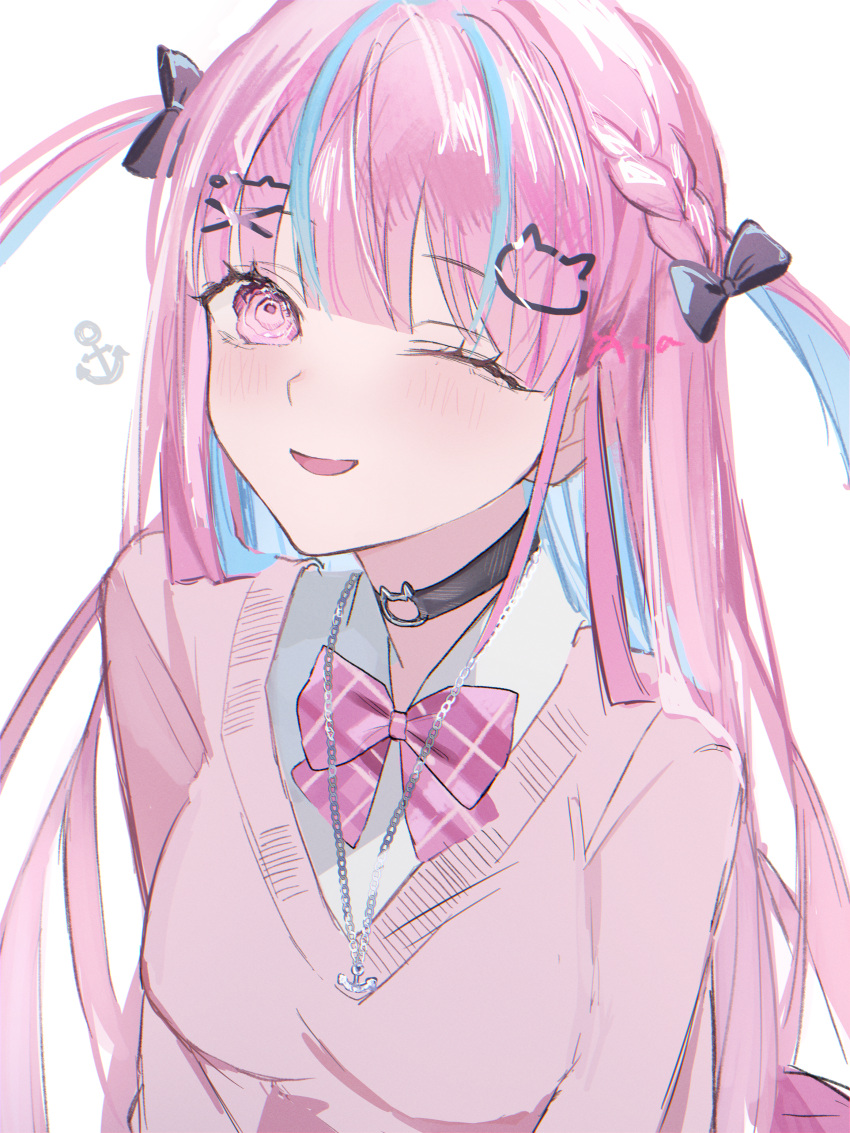 1girl, absurdres, alternate_hairstyle, anchor_collar, anchor_symbol, artist_name, asa_going, bangs, black_bow, black_choker, blue_hair, blunt_bangs, bow, braid, breasts, cat_choker, cat_hair_ornament, choker, collar, colored_inner_hair, hair_bow, hair_ornament, hairclip, highres, hololive, jewelry, light_blue_hair, light_blush, long_hair, looking_at_viewer, minato_aqua, multicolored_hair, necklace, official_alternate_hairstyle, one_eye_closed, open_mouth, pink_bow, pink_eyes, pink_hair, pink_sweater, plaid, plaid_bow, shirt, signature, simple_background, smile, solo, streaked_hair, sweater, two-tone_hair, two_side_up, upper_body, virtual_youtuber, white_background, white_shirt, x_hair_ornament