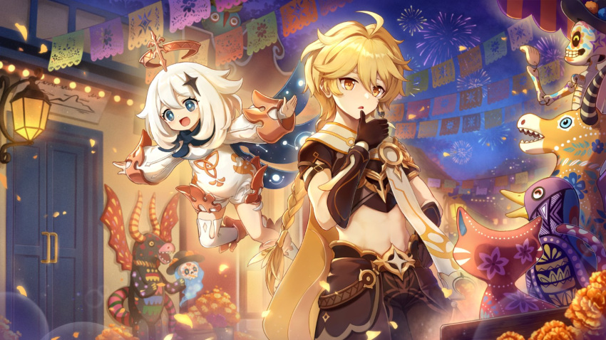 1boy, 1girl, aether_(genshin_impact), bangs, black_gloves, blonde_hair, blue_eyes, braid, brown_pants, brown_shirt, cropped_shirt, dia_de_muertos, dress, earrings, fireworks, genshin_impact, gloves, hair_between_eyes, hair_ornament, halo, highres, jewelry, long_hair, navel, night, night_sky, north_abyssor, official_art, paimon_(genshin_impact), pants, scarf, shirt, single_braid, single_earring, single_thighhigh, skeleton, sky, spanish_commentary, star_(symbol), star_hair_ornament, thigh-highs, white_dress, white_hair, white_scarf, white_thighhighs, yellow_eyes