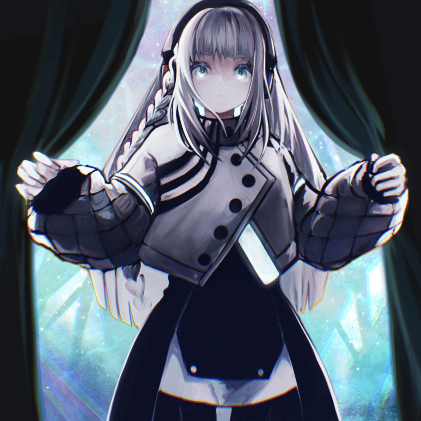 1girl, black_dress, black_pantyhose, blue_eyes, cevio, closed_mouth, cropped_jacket, dress