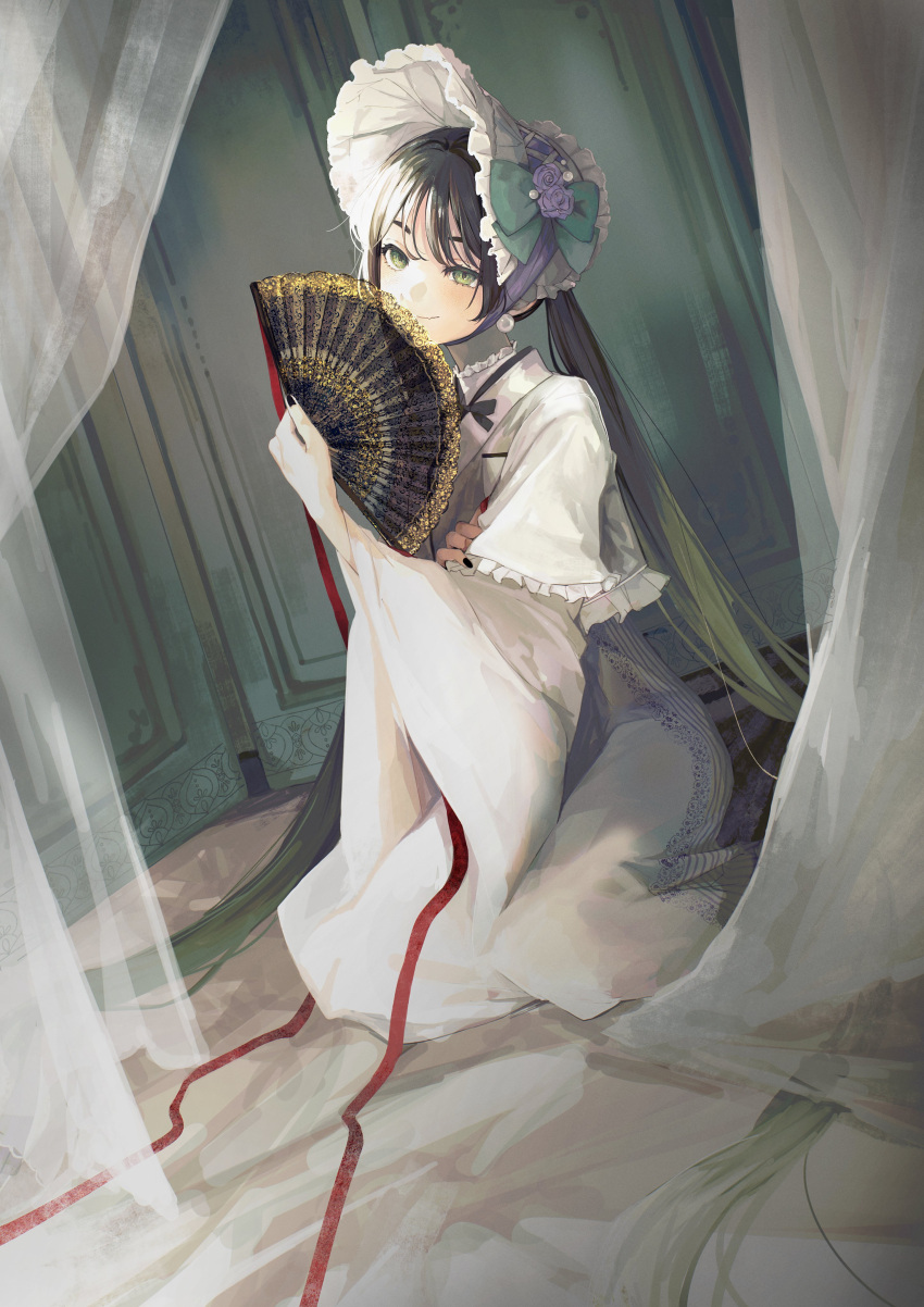 1girl, 8root5, absurdres, bonnet, capelet, closed_mouth, copyright_request, curtains