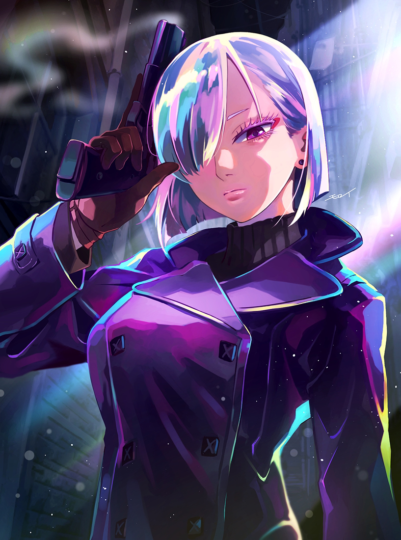 1girl, bob_cut, brown_gloves, closed_mouth, coat, earrings, fiona_frost, gloves