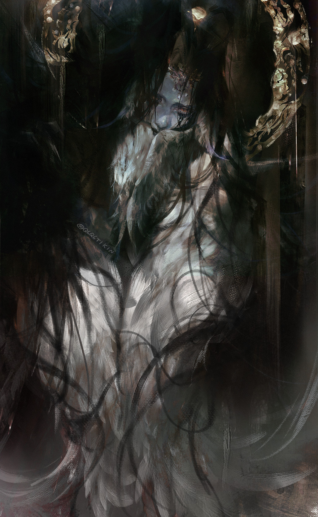 1girl, bird_girl, black_hair, black_tears, circlet, colored_skin, covered_mouth, covering_mouth