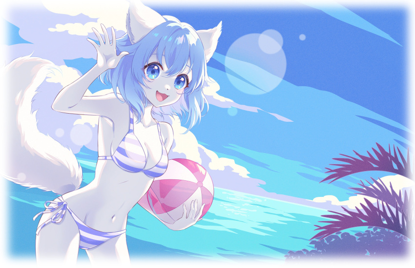 1girl, animal_ears, beach, beachball, bikini, blue_eyes, blue_hair, body_fur, furry, furry_female, open_mouth, smile, striped_bikini, swimsuit, tail, wolfychu