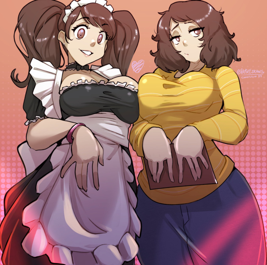 1girl, apron, bracelet, breast_press, breasts, brown_eyes, brown_hair, cleavage_cutout
